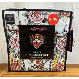 Ed Hardy 6-Piece King Size Sheet Set NWT Mint Green Skull Butterflies Roses